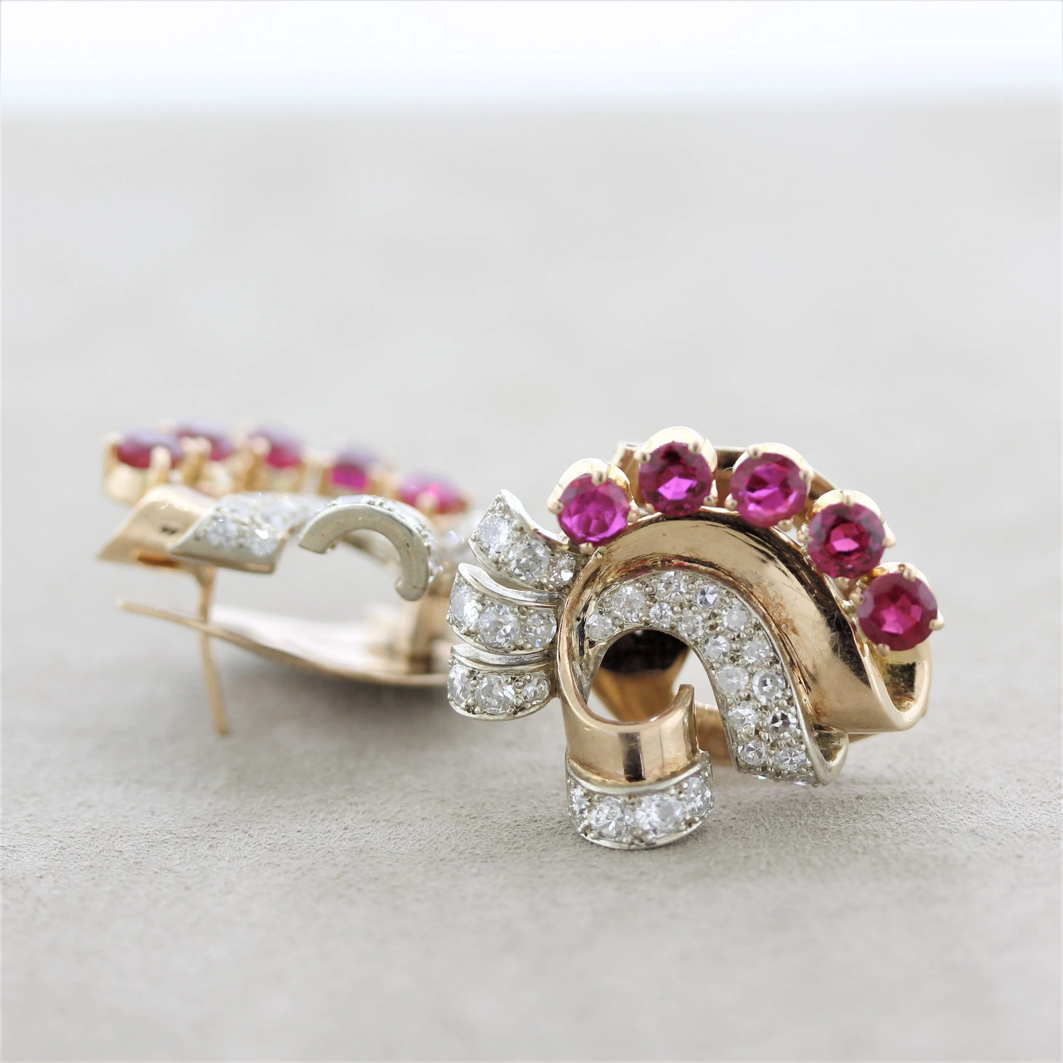 Retro Diamond Ruby Gold Ear Clip Earrings