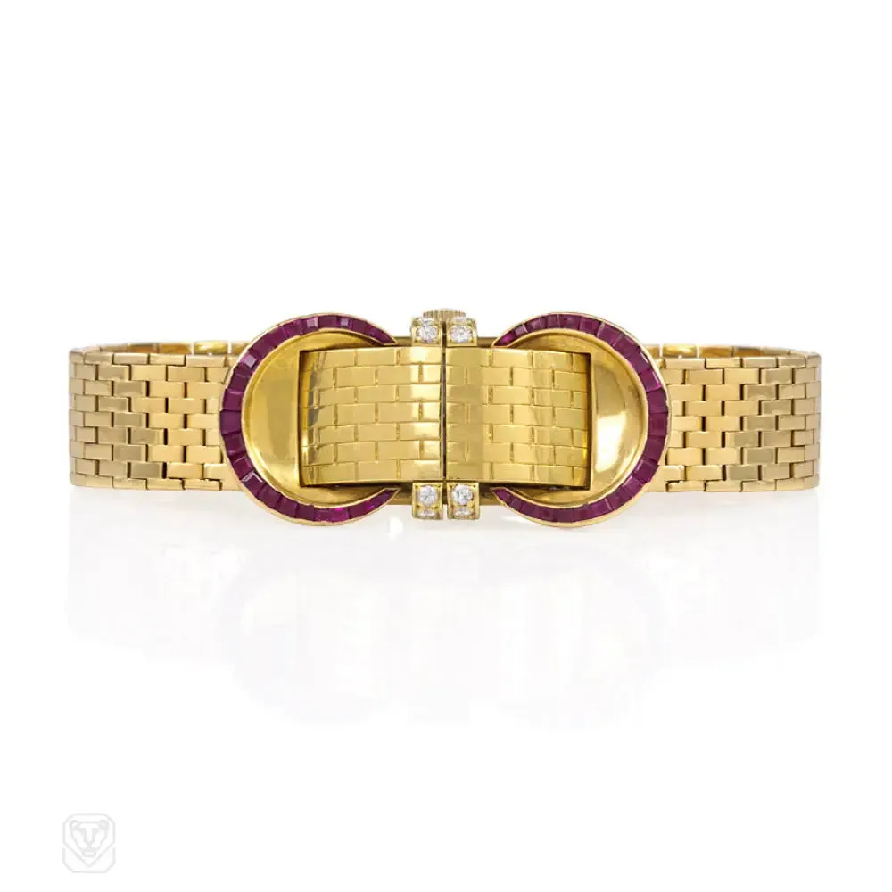 Retro gold, ruby and diamond bracelet watch, John Rubel