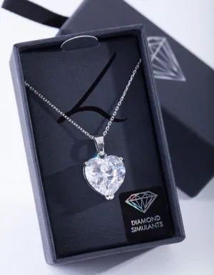 Rhodium Diamond Simulant Heart Necklace