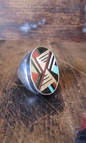 RING A DING Vintage Zuni Turquoise Jet Mother of Pearl & Coral Inlay Mens Ring, Sz 10