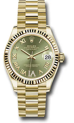 Rolex Yellow Gold Datejust 31 Watch - Fluted Bezel - Olive Green Diamond Six Dial - President Bracelet 278278 ogdr6p