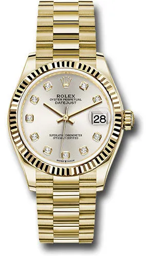 Rolex Yellow Gold Datejust 31 Watch - Fluted Bezel - Silver Diamond Dial - President Bracelet 278278 sdp