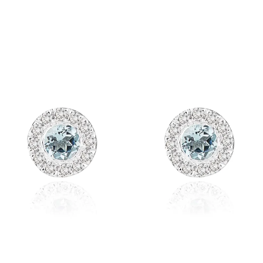 Round Aqua and Diamond Stud Earrings