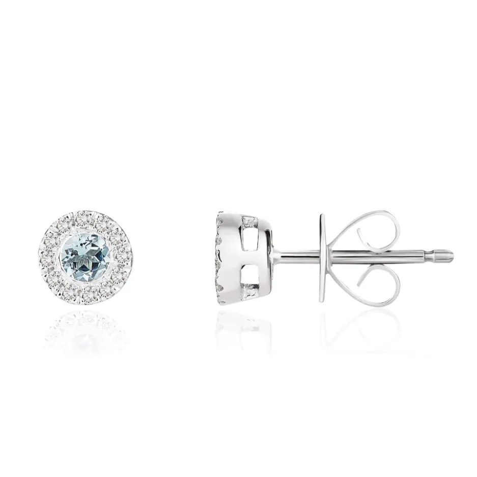 Round Aqua and Diamond Stud Earrings