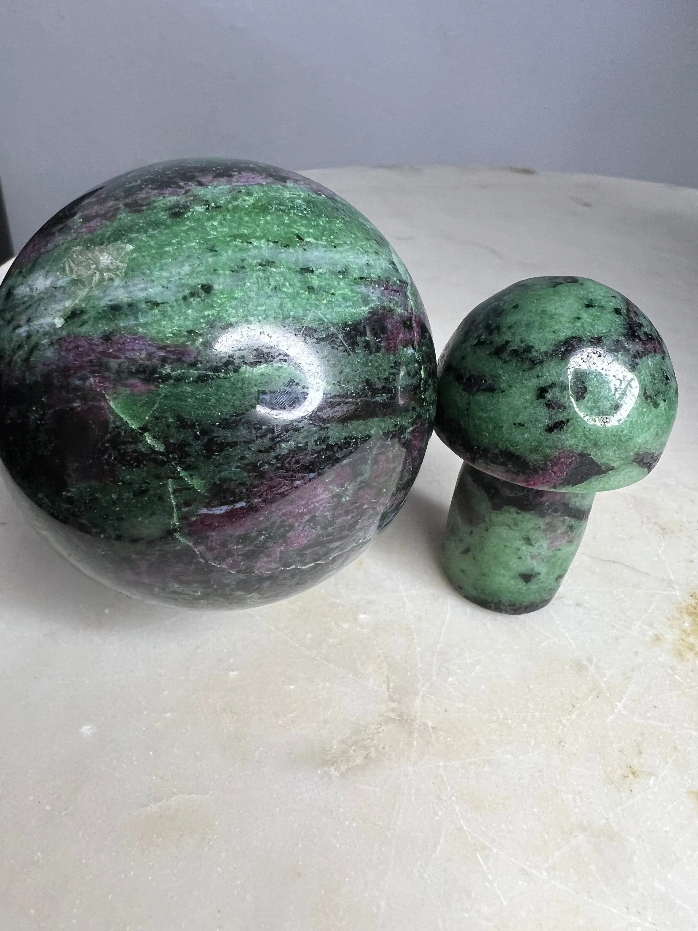 Ruby zoisite sphere and mushroom set total weight 1 pound 4 oz