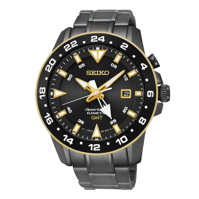 Seiko Sportura Kinetic GMT Black Stainless Steel Band Watch SUN026P1 (Not For EU Buyers)