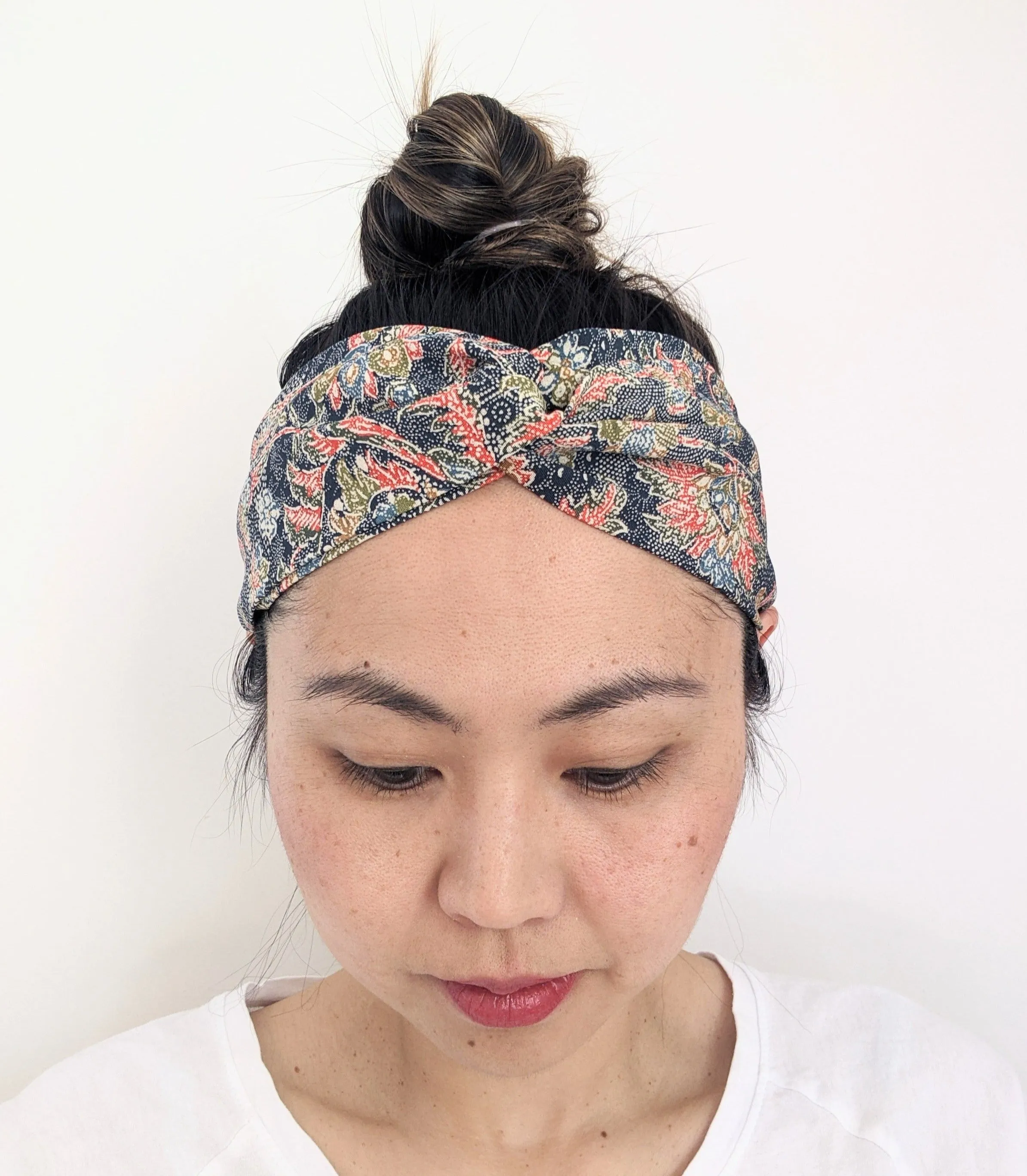 Silk Turban Headband - Navy with colourful flowers