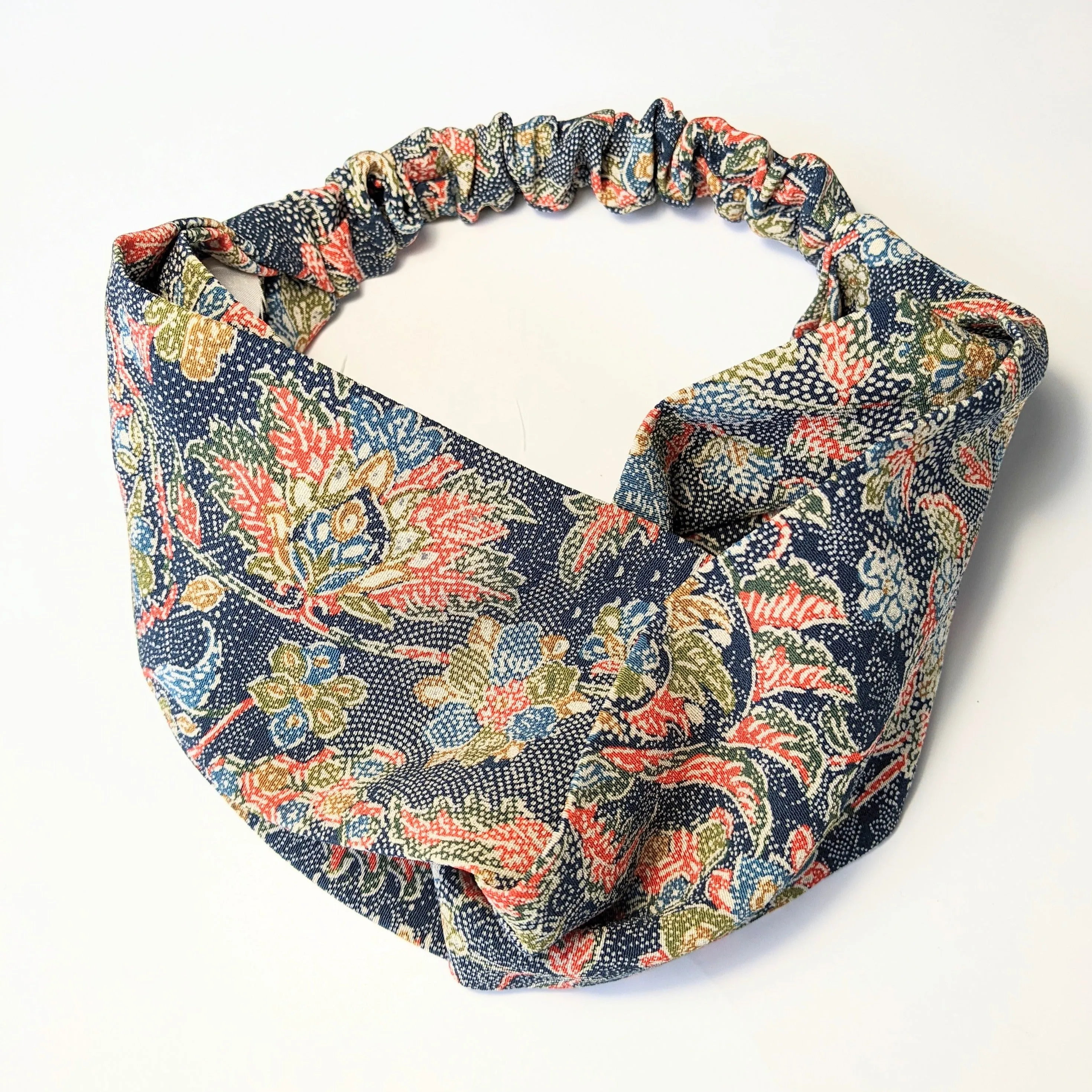 Silk Turban Headband - Navy with colourful flowers