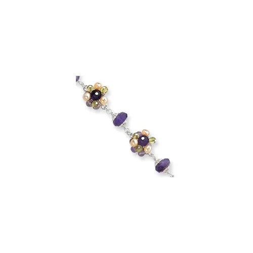 Sterling Silver Amethyst Cultured Pearl Peridot Stone Cluster Bracelet