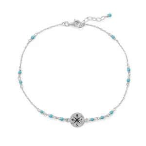 Sterling Silver Blue Beaded Anklet with Compass Charm