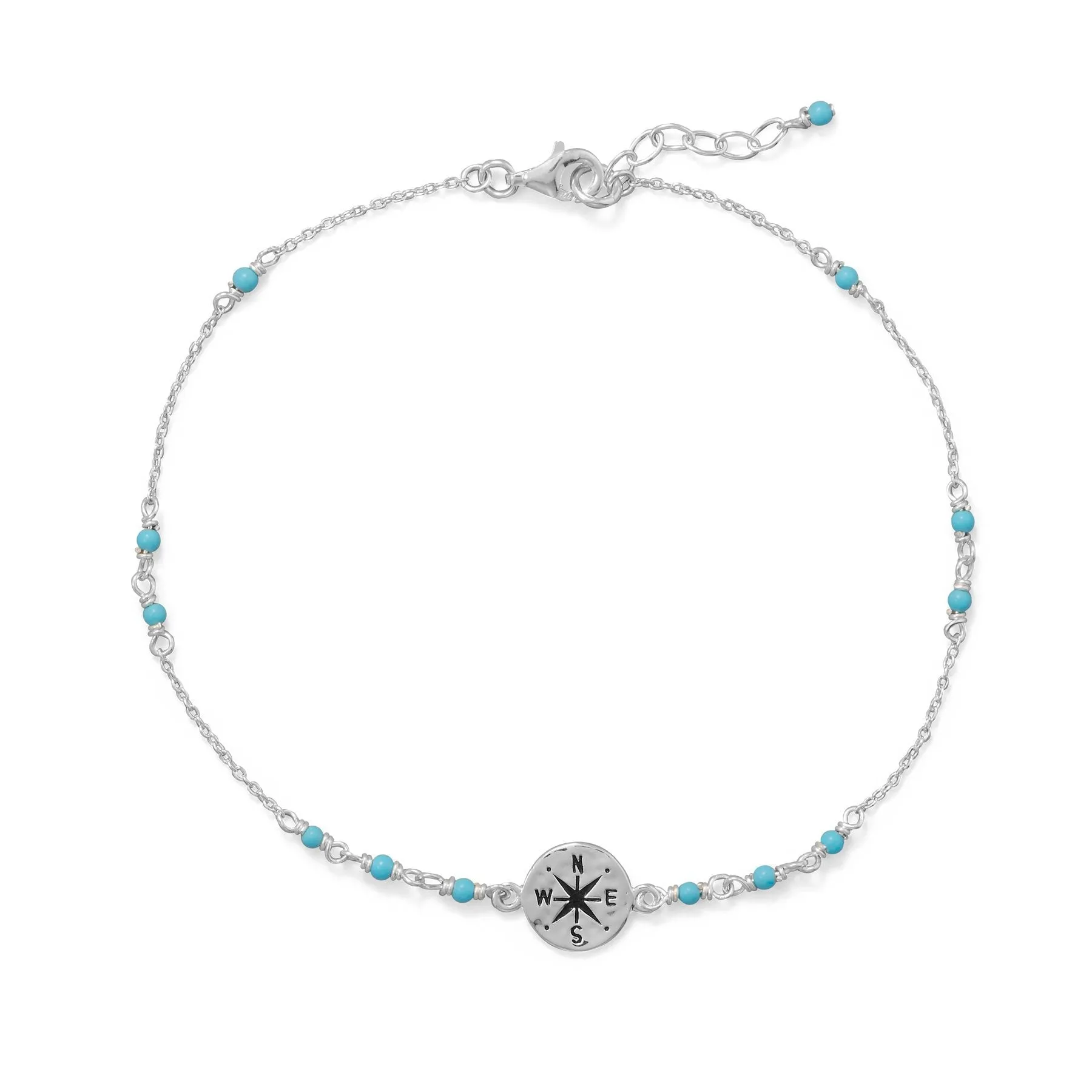 Sterling Silver Blue Beaded Anklet with Compass Charm