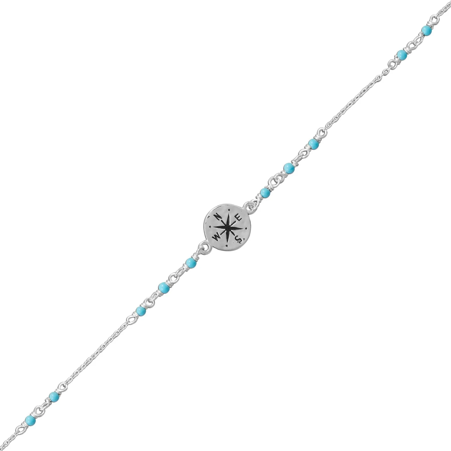 Sterling Silver Blue Beaded Anklet with Compass Charm