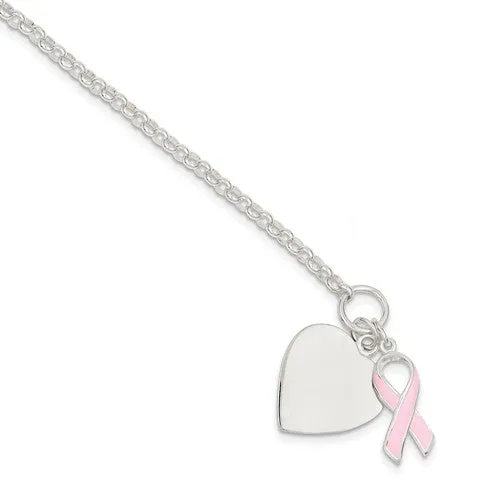 Sterling Silver Engravable Heart and Pink Ribbon Charm Toggle Bracelet