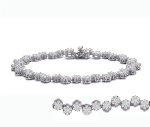 Sterling Silver with Rhodium Plated Clear Round Cubic Zirconia Cluster Flower Link Bracelet