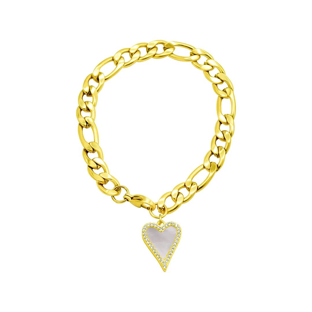 Tarnish Resistant 14K Gold Plated Figaro Bracelet With Crystal Halo Mother-of-Pearl Heart