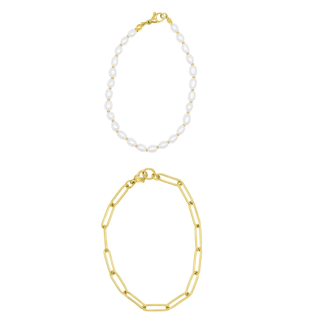 Tarnish Resistant 14k Gold Plated Freshwater Pearl and Paperclip Chain Bracelet Set