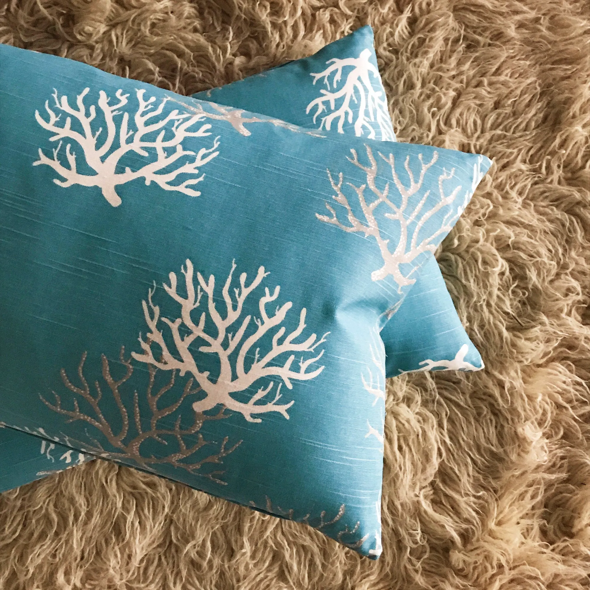 Turquoise Tropical Island Coral Print Lumbar Pillow Cover 15x26