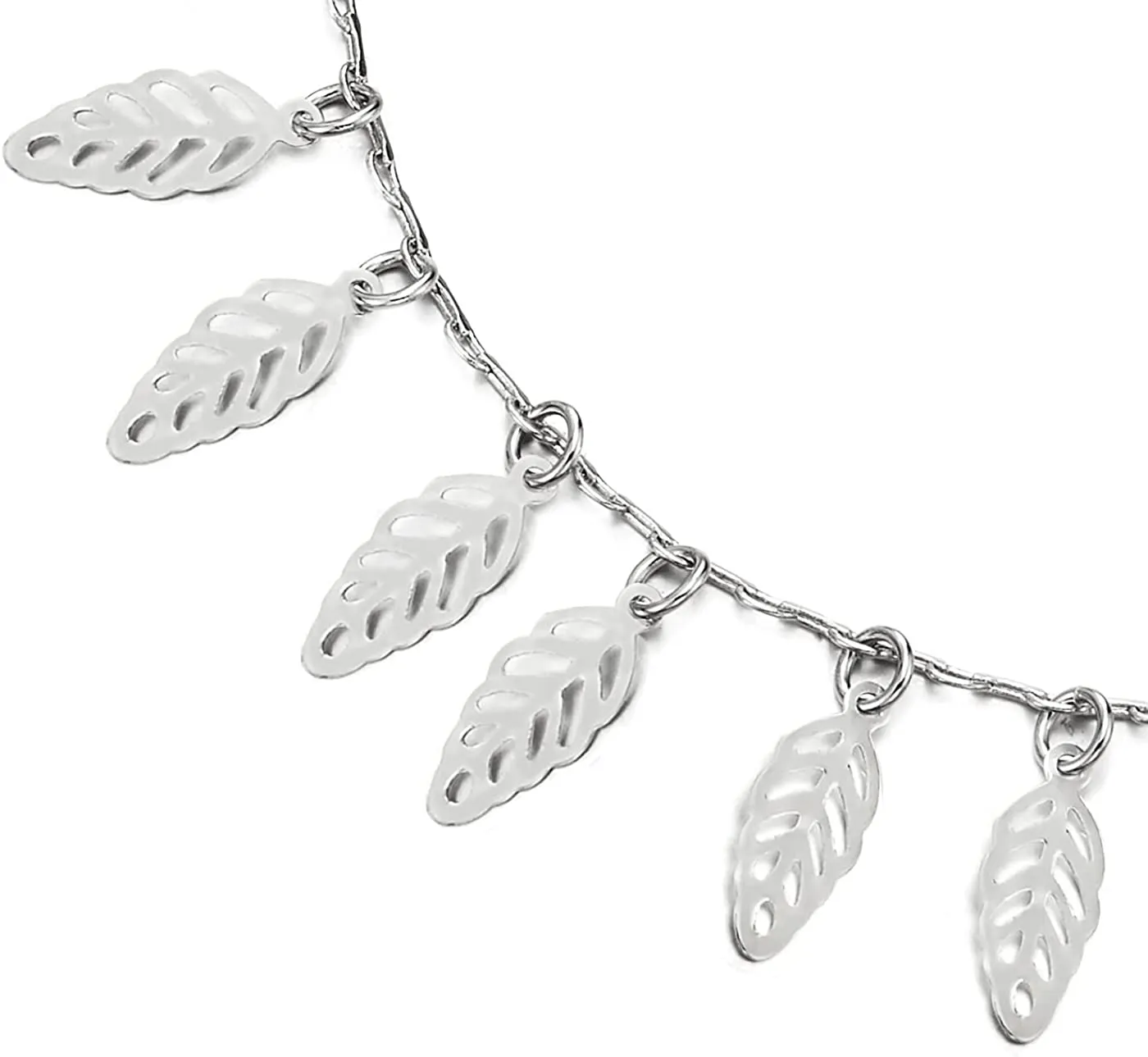 Unique Link Chain Anklet Bracelet with Dangling Charms of Leaves and Jingle Bell, Adjustable