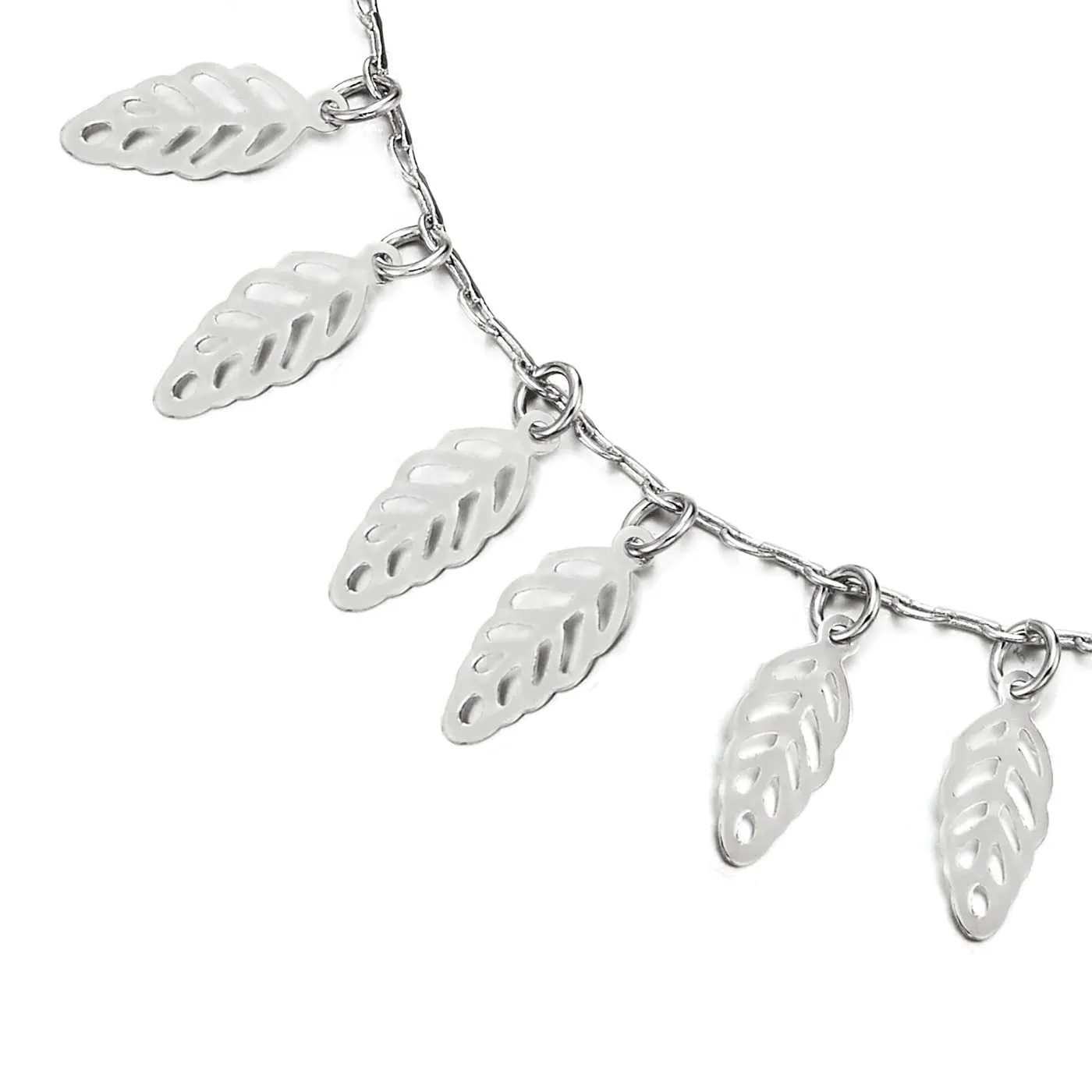 Unique Link Chain Anklet Bracelet with Dangling Charms of Leaves and Jingle Bell, Adjustable