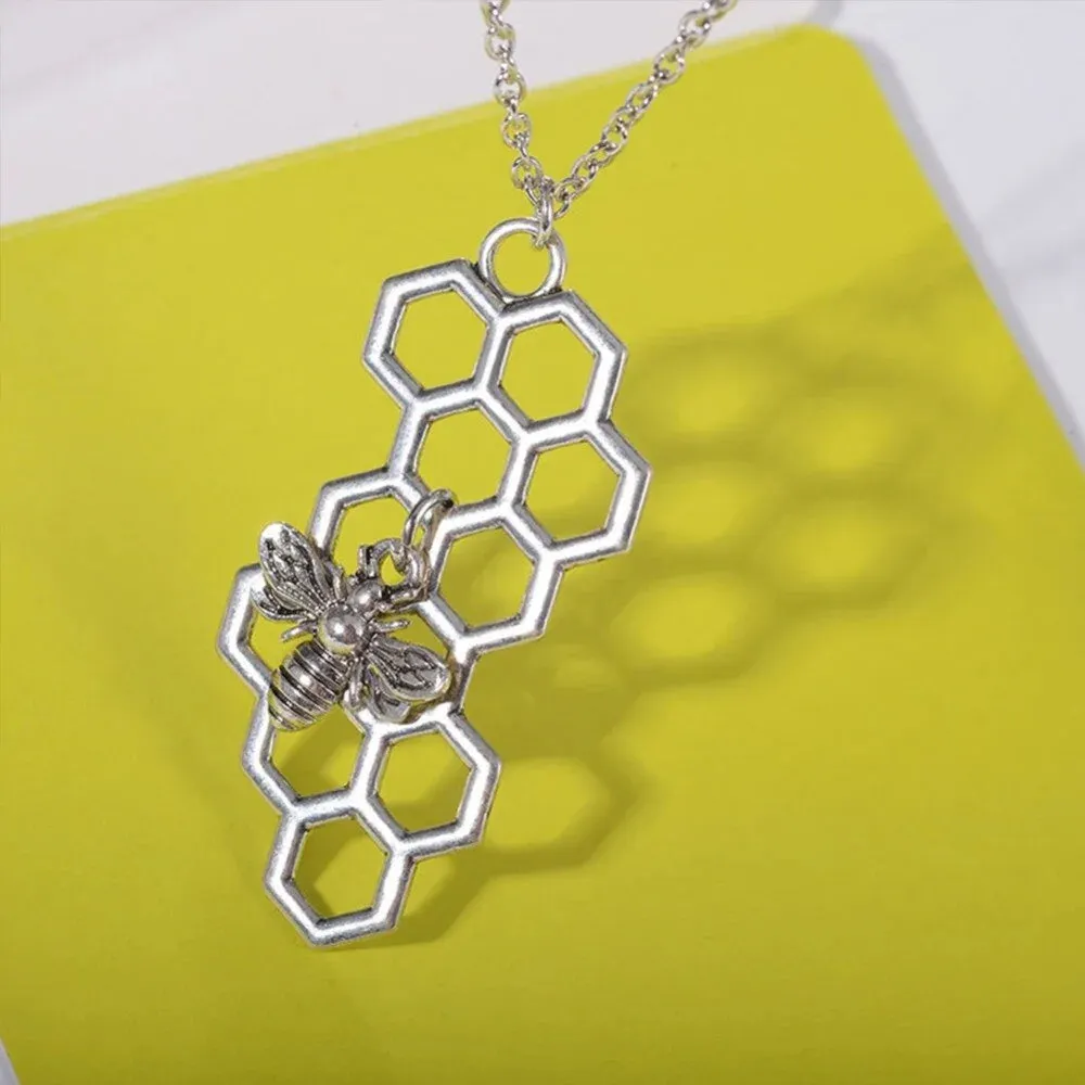 Vertical Honeycomb Pendant With Bee And Chain