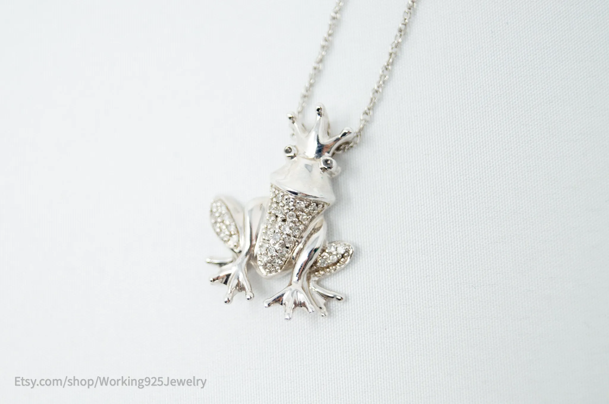 Vintage Diamond King Frog Toad Sterling Silver Necklace