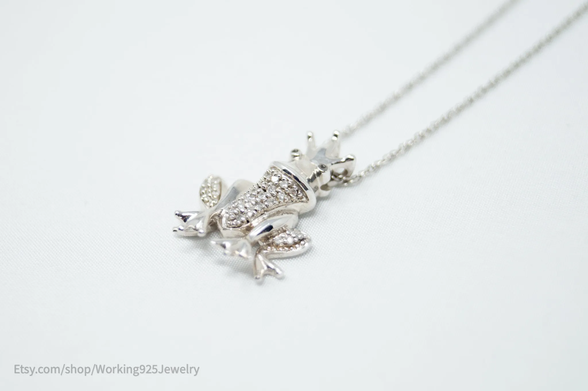 Vintage Diamond King Frog Toad Sterling Silver Necklace