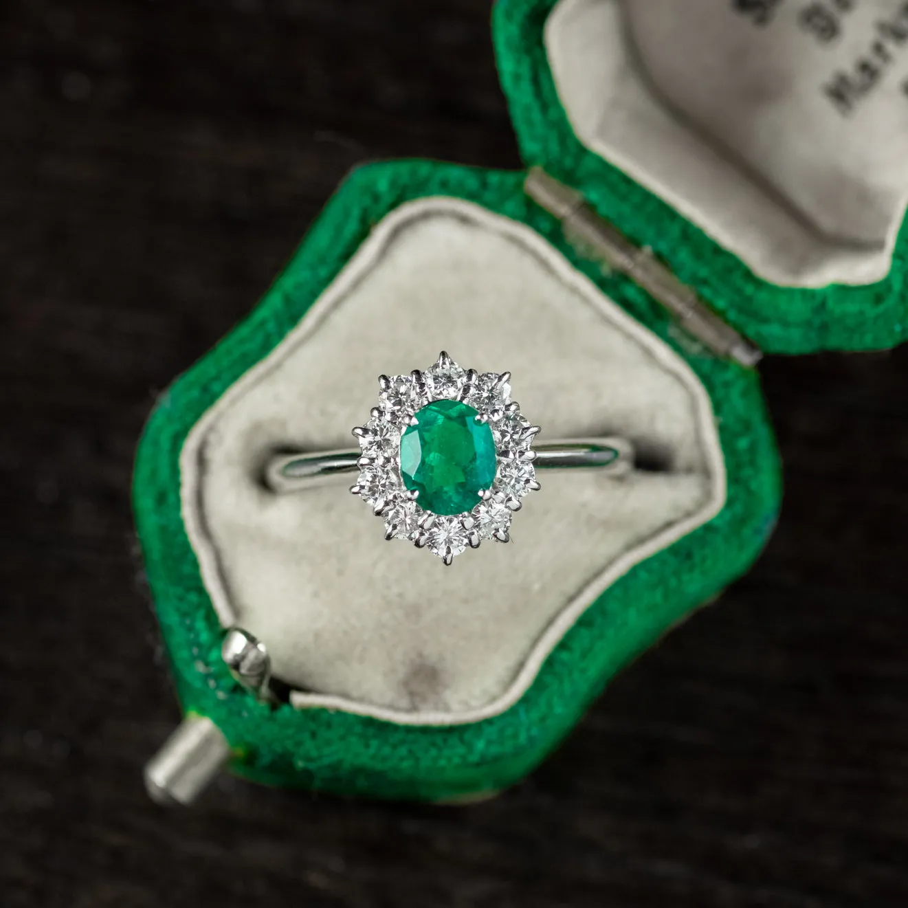 Vintage Emerald Diamond Cluster Ring Platinum 0.80ct Colombian Emerald With Cert