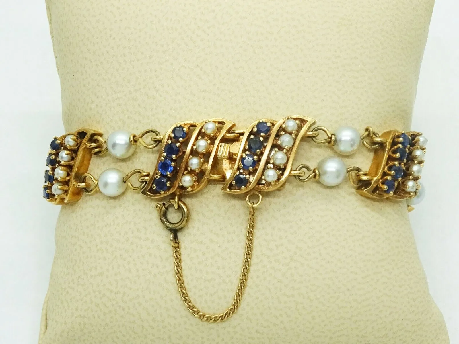 Vintage Honora Designer Natural Pearl & Sapphire Bracelet 14k Gold