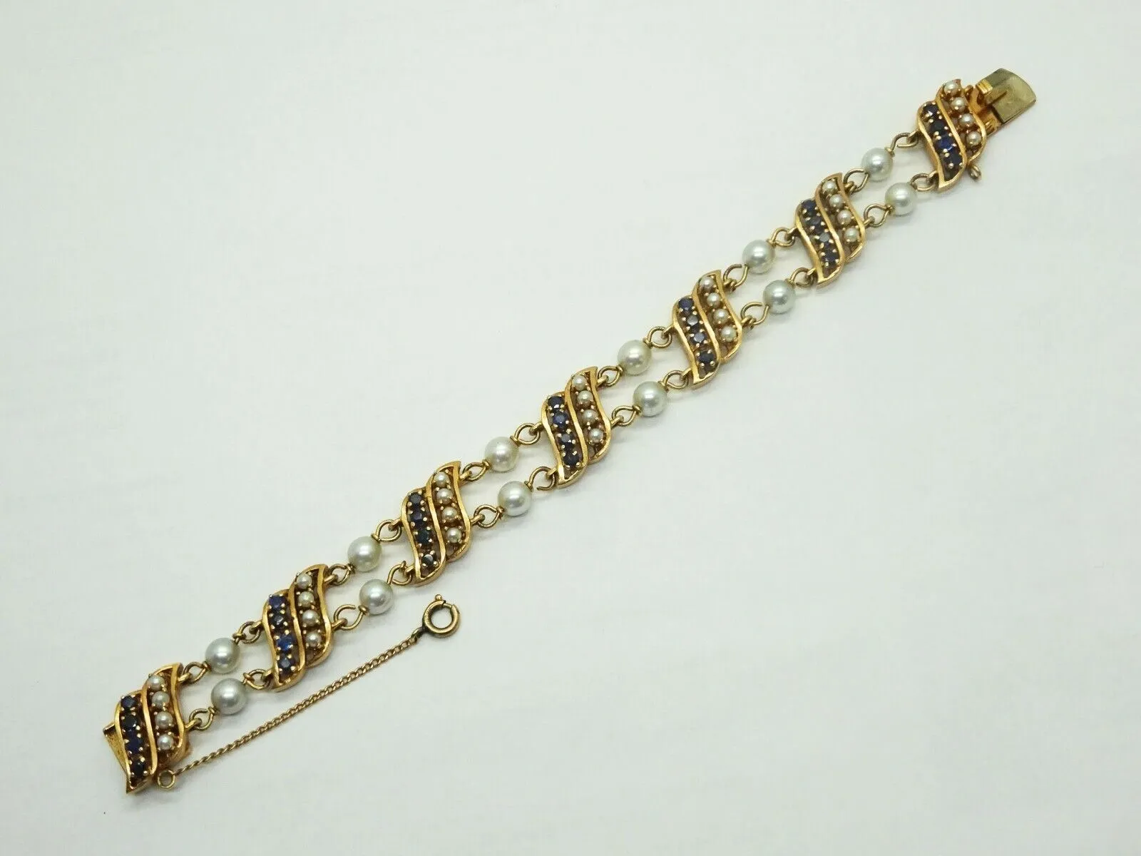 Vintage Honora Designer Natural Pearl & Sapphire Bracelet 14k Gold