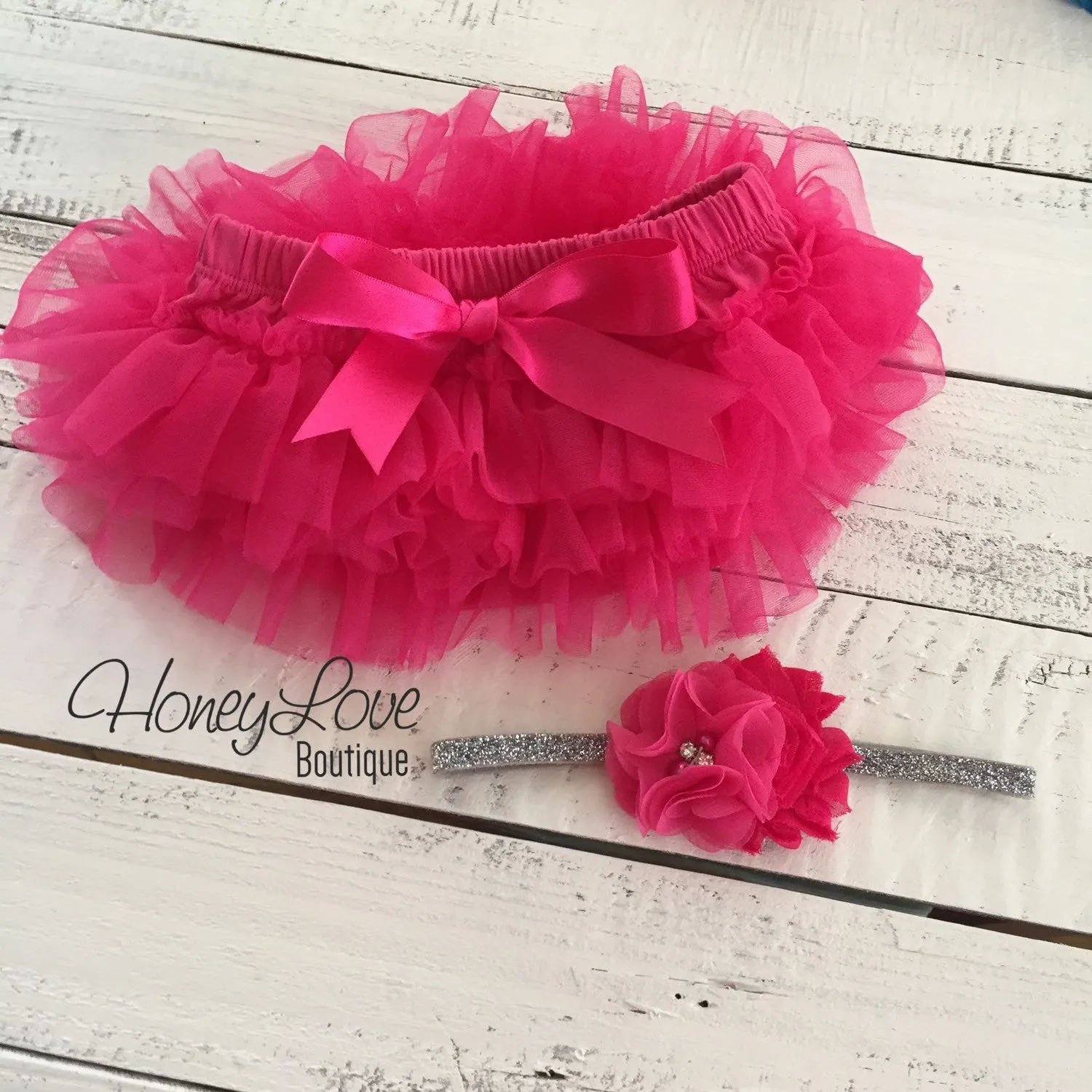 Watermelon Pink tutu skirt bloomers and silver glitter headband