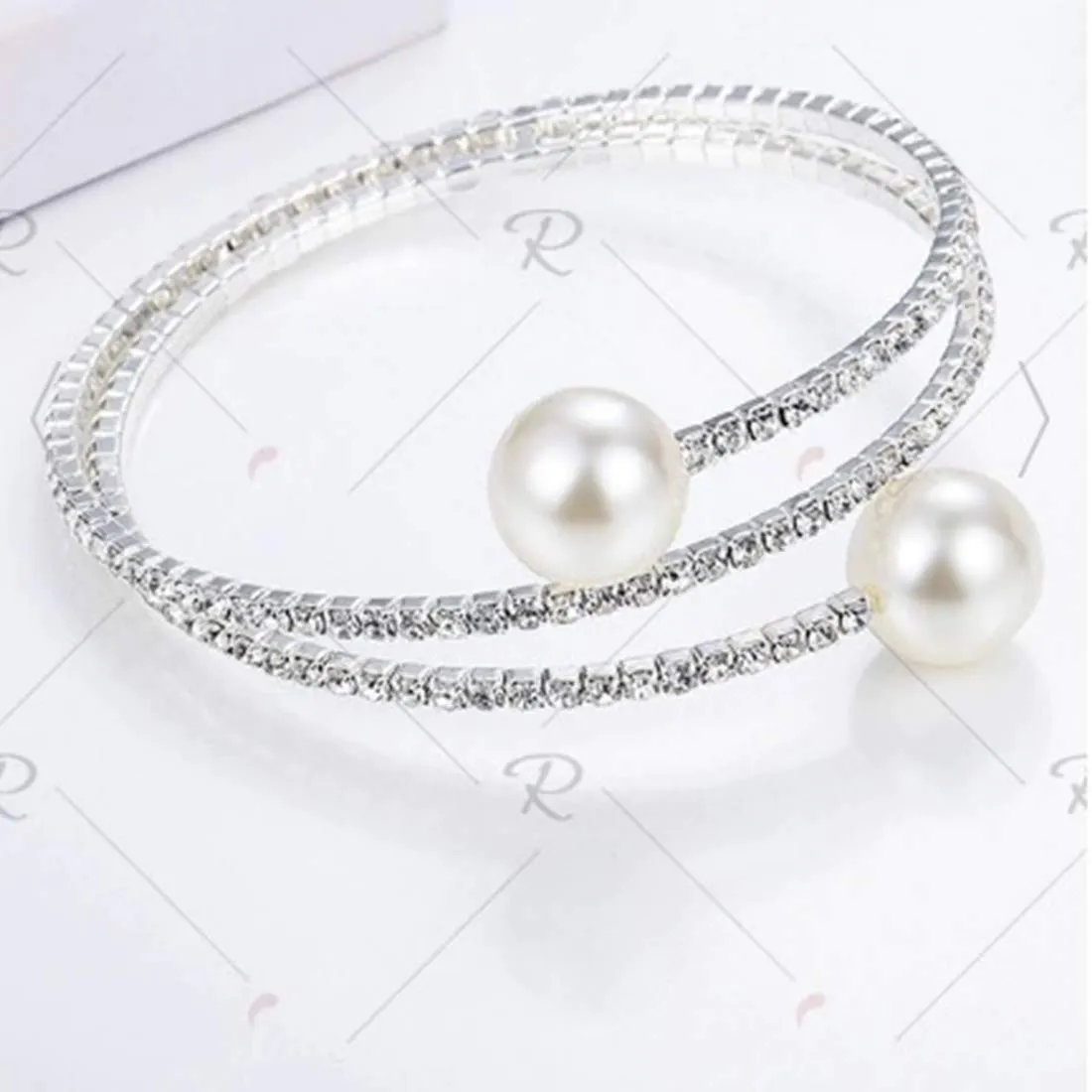 Yellow Chimes Elegant Pearl Multilayer Crystal Open Stretchable Bridal Bangles Silver Plated Cuff Bracelet for Women and Girl's